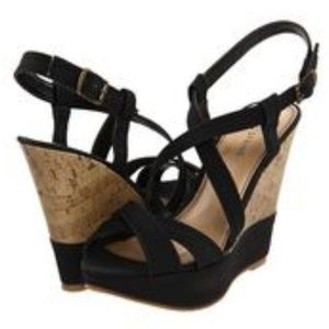 Strappy black wedge sandals